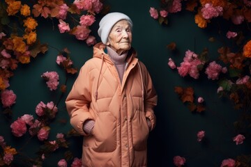Fototapeta premium Portrait of an elderly woman in a pink jacket and hat.