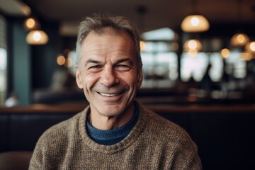 Medium shot portrait photography of a grinning man in his 50s wearing a cozy sweater against a diner or retro restaurant background. Generative AI