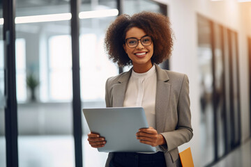 Young and ambitious insurance agent posing with a laptop in her hands and a bright smile, standing in a modern office filled with natural light, generative ai