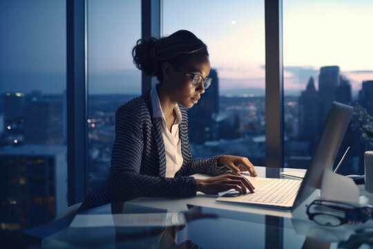 Successful technical writer in a modern corporate office, sitting at a glass desk with a stunning view of the city skyline, typing on her laptop and wearing a smart blazer, generative ai