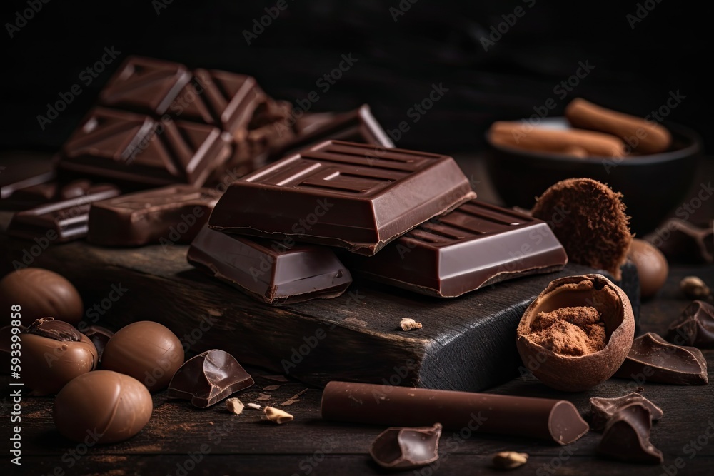 Poster table filled with various types of chocolate and nuts. generative ai