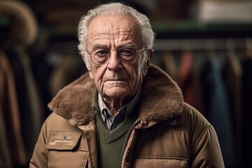 Portrait of a senior man in a coat in the shop.