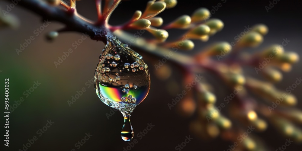 Aufkleber a dewdrop on a branch, captured using selective focus. generative ai
