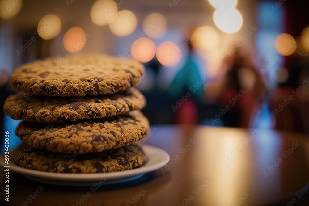 Poster cookie stack in selective focus, blurring backdrop. generative ai