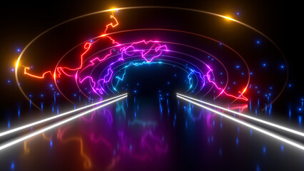 Sci Fy neon glowing lines in a dark tunnel. Reflections on the floor and ceiling. 3d rendering image. Abstract glowing lines. Techology futuristic background.