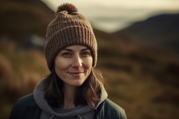 Portrait of a beautiful woman wearing a warm hat and coat in the mountains