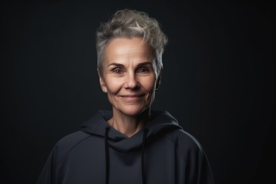 Portrait of smiling senior woman in black hoodie on dark background