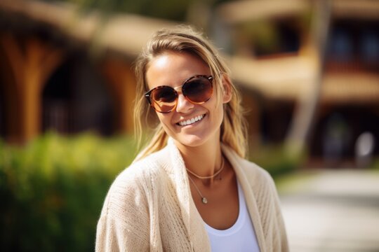 Portrait of a smiling young woman wearing sunglasses in the park.