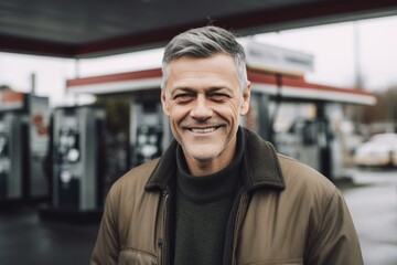 portrait of smiling middle aged man at gas station in autumn day