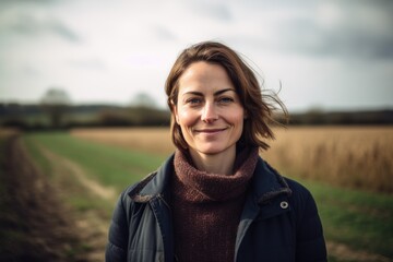 Portrait photography of a grinning woman in her 30s wearing a chic cardigan against a countryside or rural landscape background. Generative AI