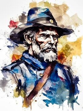 An old American civil war army officer, soldier, colorful watercolor art illustration painting.