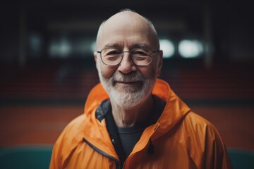 Lifestyle portrait photography of a grinning man in his 60s wearing a vibrant raincoat against a basketball court or sports court background. Generative AI