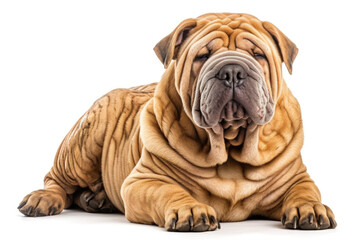 Obraz premium Wrinkly Charm. Full body portrait of Shar Pei dog with wrinkles isolated on white background with copy space. Pet concept AI Generative
