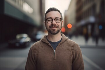 Fototapeta na wymiar Portrait of handsome bearded man with eyeglasses in the city