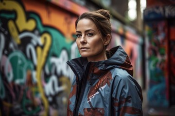 Obraz premium Lifestyle portrait photography of a satisfied woman in her 30s wearing a comfortable tracksuit against a graffiti alleyway background. Generative AI