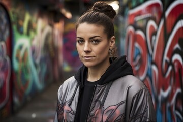 Naklejka premium Portrait of a beautiful young woman in front of graffiti wall.