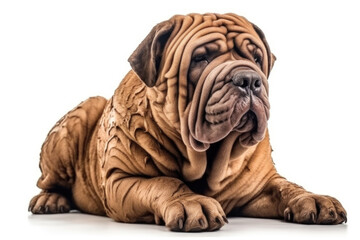 Obraz premium Wrinkly Charm. Full body portrait of Shar Pei dog with wrinkles isolated on white background with copy space. Pet concept AI Generative
