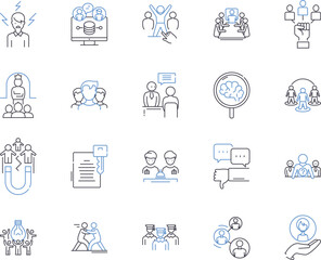 Business coaching outline icons collection. betweenMentoring, Consulting, Guiding, Training, Facilitating, Advising, Instructing vector and illustration concept set. Developing, Bridging, Directing