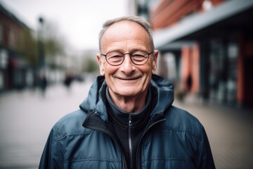 Portrait of smiling senior man with eyeglasses in the city