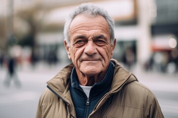 Portrait of an elderly man with grey hair in the city.
