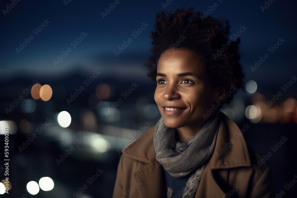 Wall mural Environmental portrait photography of a satisfied woman in her 30s wearing a chic cardigan against a rooftop bar or city view background. Generative AI