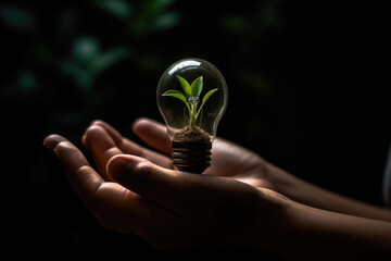 Sustainable Growth, Nature and Technology, Bright Idea for Sustainability. Hand holding a lightbulb with a growing plant inside on a dark background. Copy space.  Eco-friendly concept AI Generative