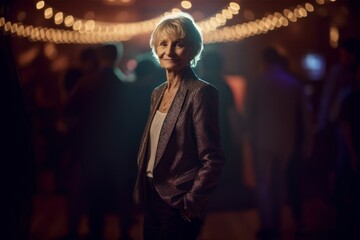 Obraz na płótnie Canvas Full-length portrait photography of a satisfied woman in her 60s wearing a classic blazer against a dance floor or disco background. Generative AI