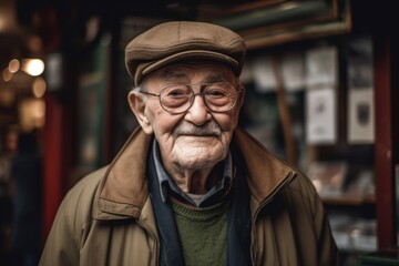 Portrait of an elderly man wearing a cap and coat in a cafe