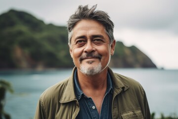 Fototapeta premium Portrait of a handsome middle-aged man standing in front of the sea