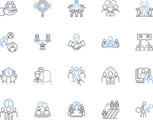 Talent acquisition outline icons collection. Recruiting, Hiring, Staffing, Sourcing, Screening, Attracting, Job-Seeking vector and illustration concept set. Interviewing, Onboarding, Engaging linear