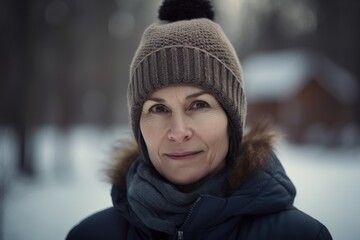 Portrait of a middle-aged woman in a hat and scarf on a background of a winter forest