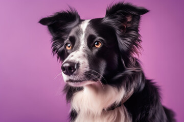 Energetic and Lively. Black and White Border Collie playing on a pastel background with space for text. Copy space. Pet concept AI Generative