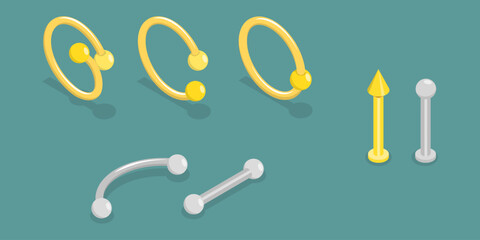 3D Isometric Flat Vector Set of Piercing Jewelry, Accessories Nose, Ears, Lips and Eyebrows © TarikVision