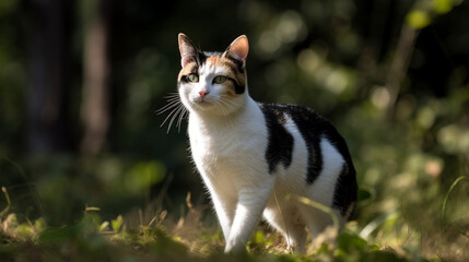 A Japanese Bobtail Cat Posing Among the Shrubs