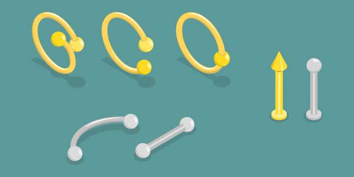 3D Isometric Flat Vector Set of Piercing Jewelry, Accessories Nose, Ears, Lips and Eyebrows