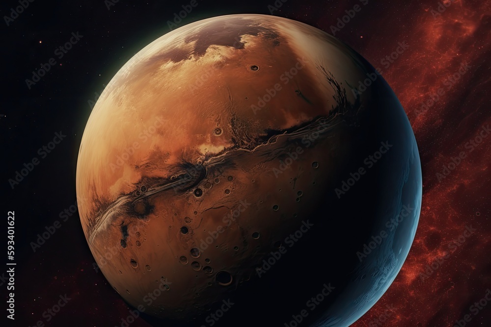 Poster red planet with flowing water on its surface. generative ai
