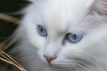white cat with mesmerizing blue eyes gazing intently at an unknown object. Generative AI