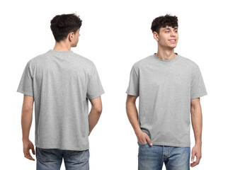 Collage with photos of man in grey t-shirt on white background, back and front views. Mockup for design