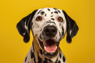 Energetic and Fun. Happy Dalmatian with spots in pastel yellow background with space to text. Copy space. Dog concept AI Generative