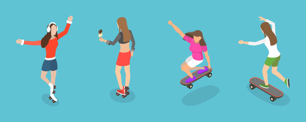 3D Isometric Flat Vector Set of Roller Skating Girls, Summer Rest and Entertainment © TarikVision