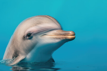 Joyful Marine Mammal. Playful dolphin isolated on pastel blue background. Copy space. Marine life concept AI Generative