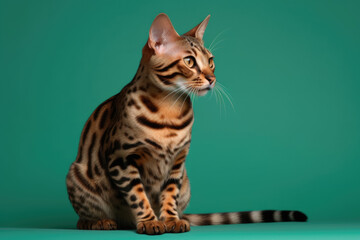 Obraz premium Agile Feline. Sleek Bengal Cat with Green Pastel Background. Copy Space for Text. AI Generated