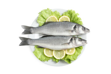 Plate with fresh sea bass fish, lettuce and lemon on white background, top view