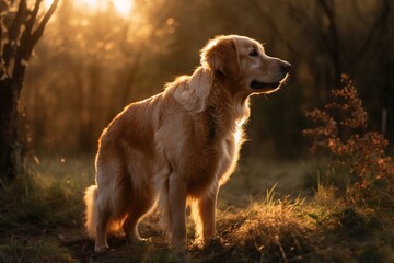 Portrait golden retriever in the sunset