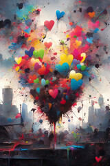 abstract watercolor background with ballons and hearts