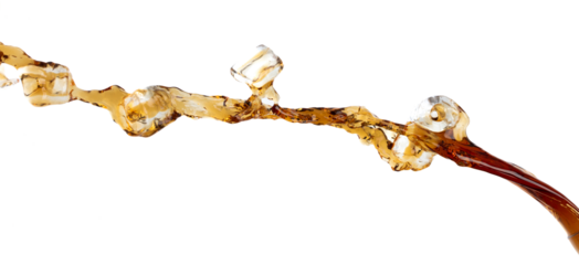 Coffee drink water mix ice cube fall pouring down in Shape form line of espresso black coffee splashes into drop soda cola attack fluttering in air, stop motion freeze shot. Splash coffee cola drink