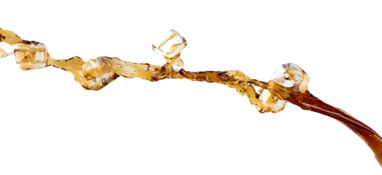 Coffee drink water mix ice cube fall pouring down in Shape form line of espresso black coffee splashes into drop soda cola attack fluttering in air, stop motion freeze shot. Splash coffee cola drink