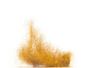 Explosion metallic gold glitter sparkle bokeh isolated white background decoration. Golden Glitter powder spark blink celebrate, blur foil part explode in air, fly throw gold glitters particle shape