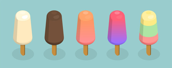 3D Isometric Flat Vector Set of Popsicles, Colorful Fruity Frozen Desserts