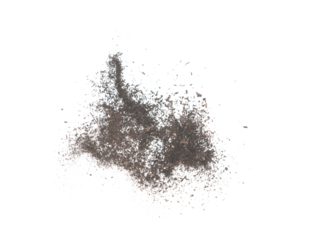 Black dried leave Tea explode. Small Fine size tea leaf flying explosion, Abstract cloud fly. Brown colored Teas splash throwing in Air. White background Isolated high speed shutter, throwing freeze